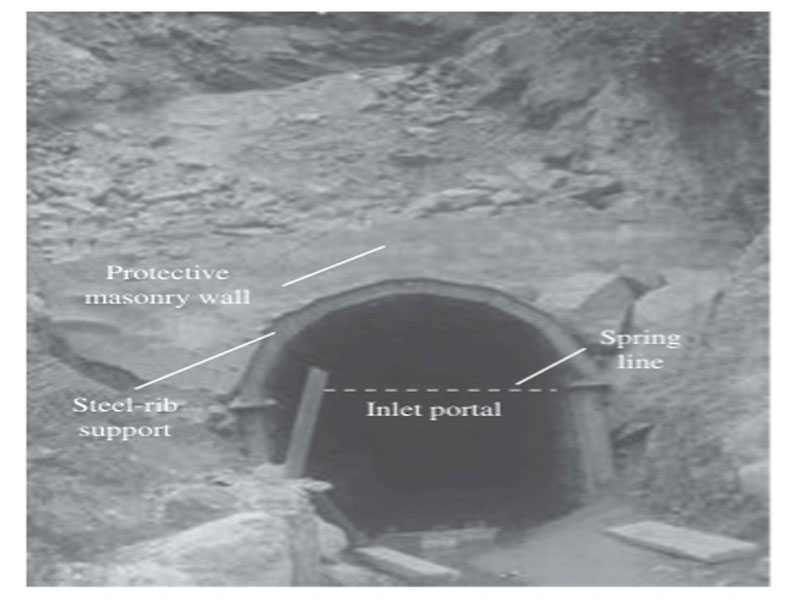 Inlet portal of a horseshoe-shaped tunnel with steel rib support and a masonry wall to arrest debris slide