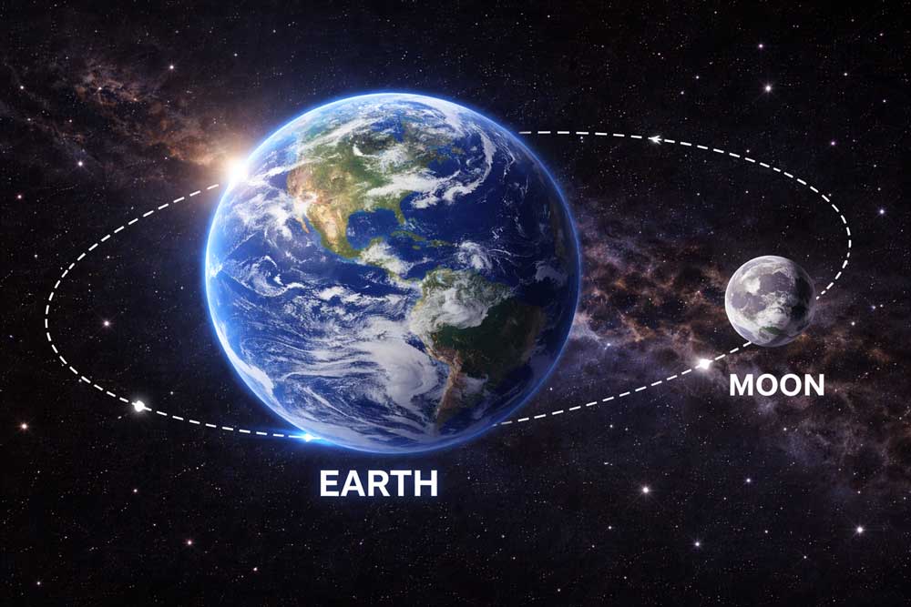 Earth and Moon orbiting each other in space