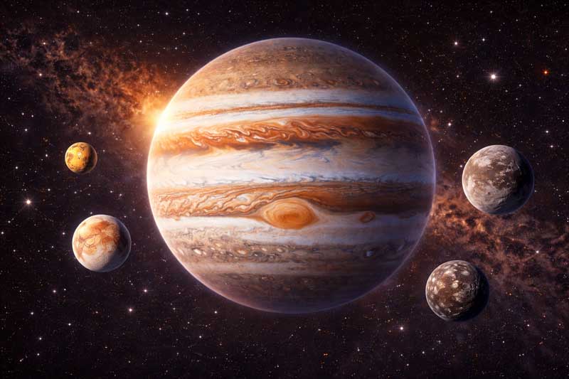 Jupiter and its four largest moons Io Europa Ganymede and Callisto