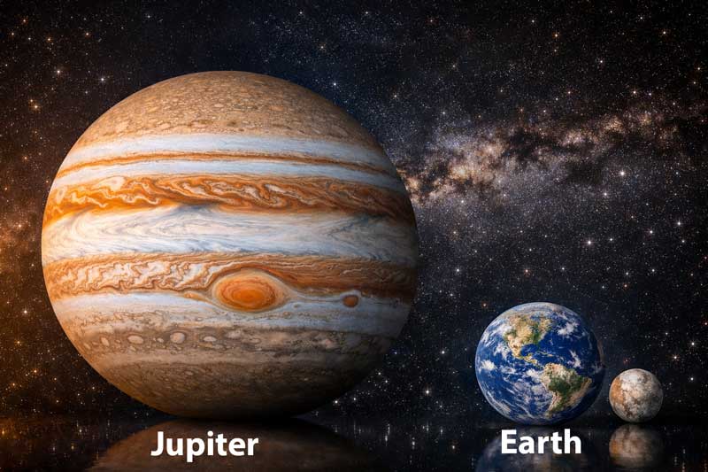 Jupiter compared with Earth showing the large size difference