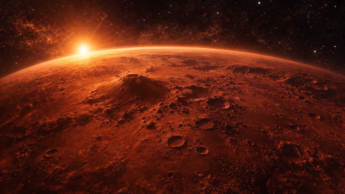 Mars planet red dusty surface with craters
