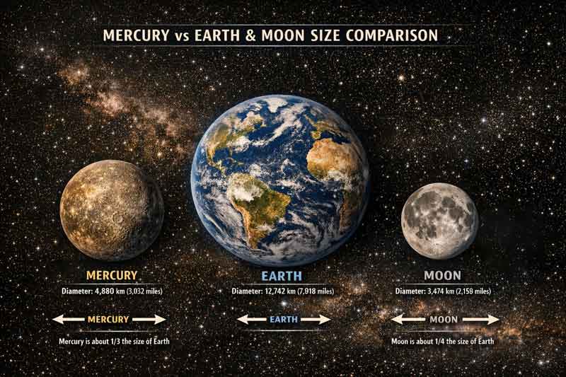Size comparison of Mercury, Earth and the Moon