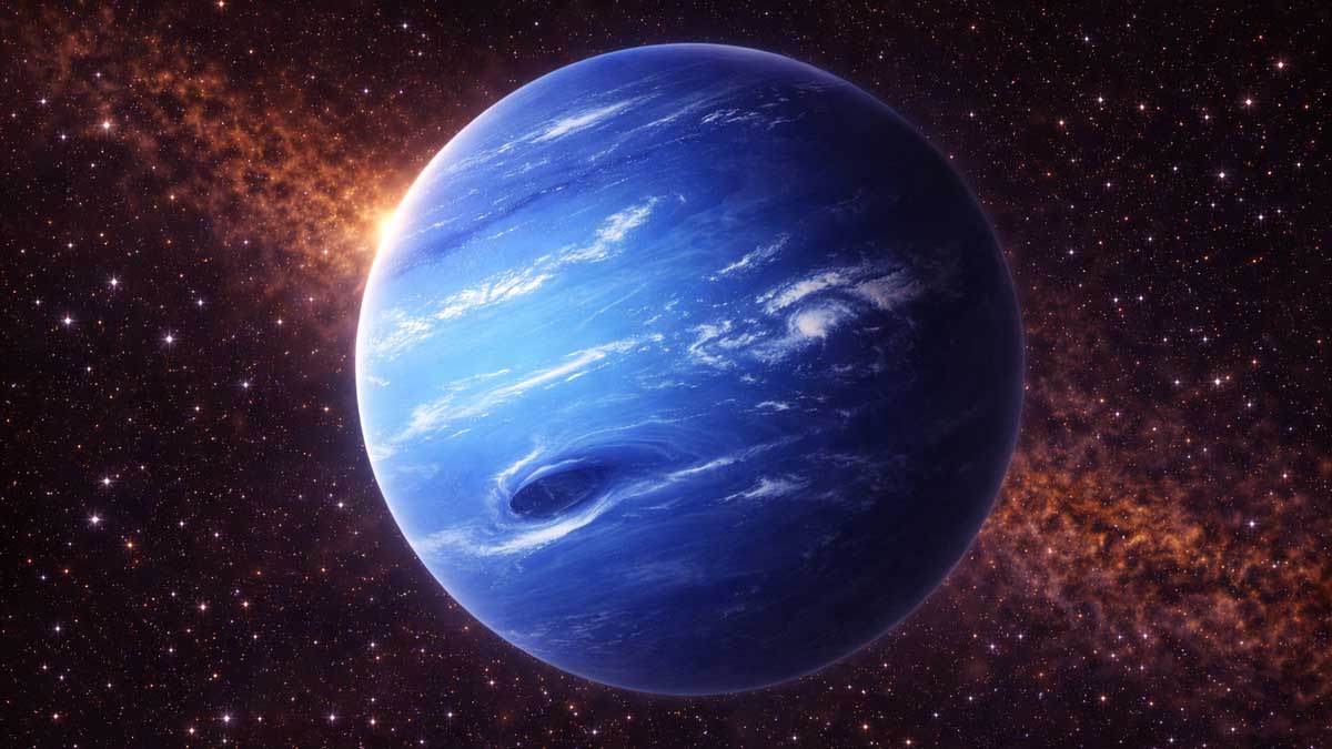 Neptune planet deep blue color with strong storms