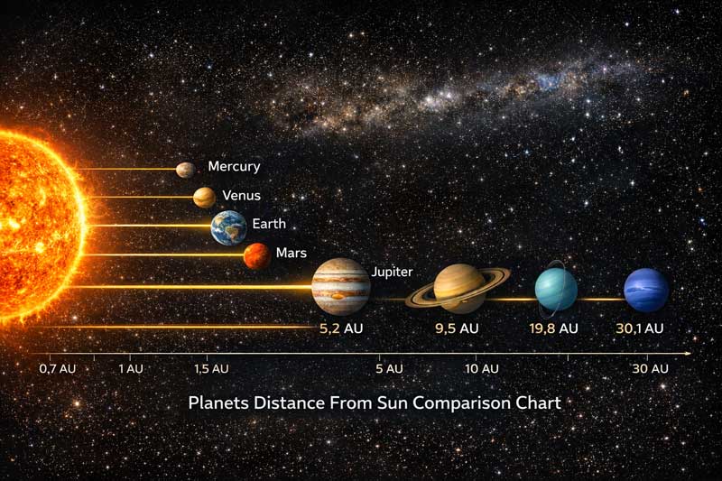Comparison chart showing distance of planets from the Sun
