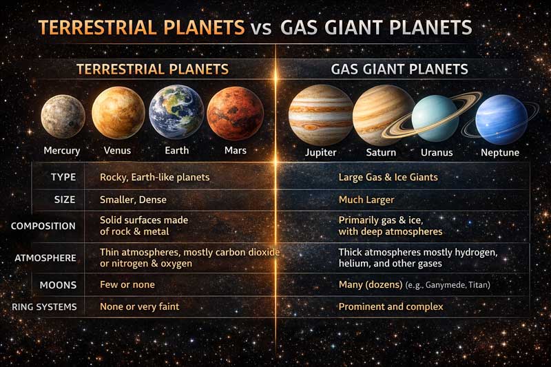 Comparison of terrestrial planets and gas giant planets