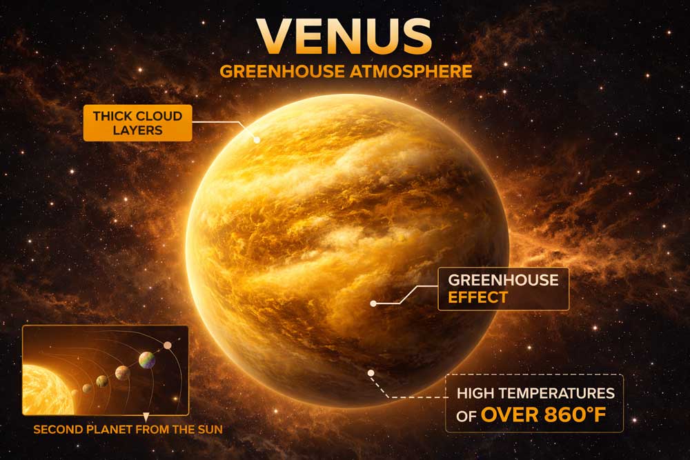 Venus atmosphere showing thick greenhouse gas clouds