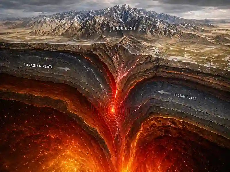 Hindu Kush deep earthquake underground tectonic layers visualization