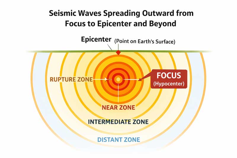 seismic waves spreading from focus to epicenter