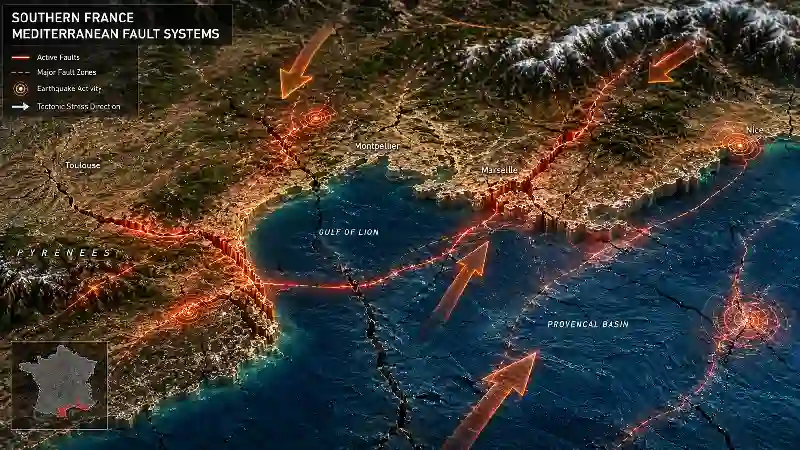 Southern France Mediterranean fault systems