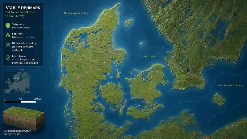 Stable Denmark flat terrain with minimal seismic activity 