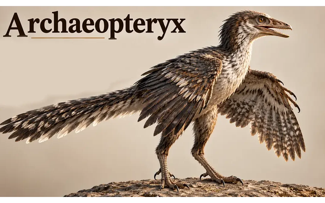 Archaeopteryx feathered dinosaur in a Late Jurassic landscape