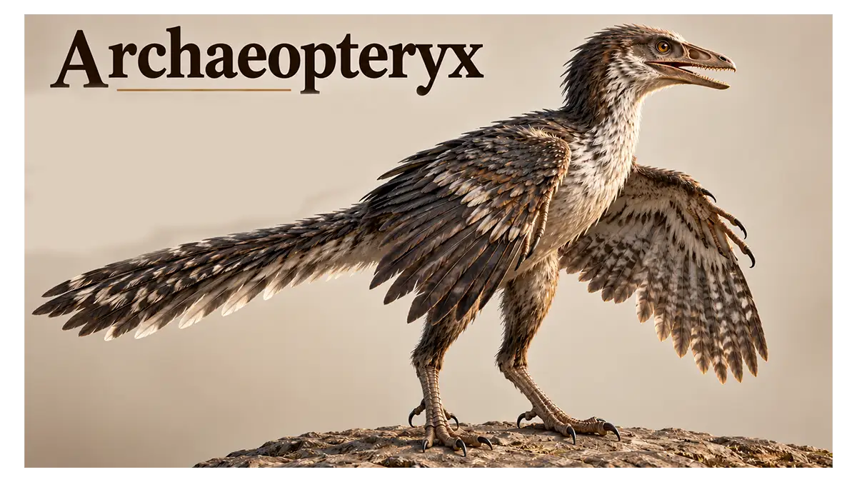 Archaeopteryx feathered dinosaur in a Late Jurassic landscape