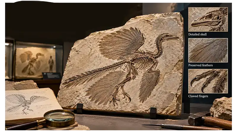 Archaeopteryx fossil slab with preserved skeleton and feather impressions