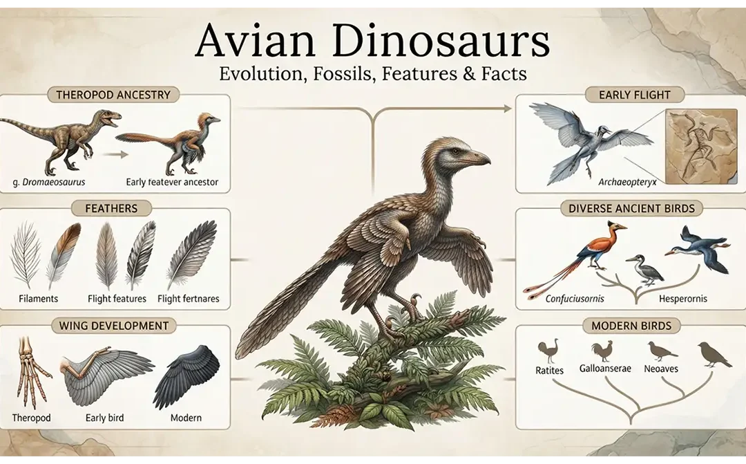 Avian dinosaurs showing feathered dinosaur evolution toward modern birds