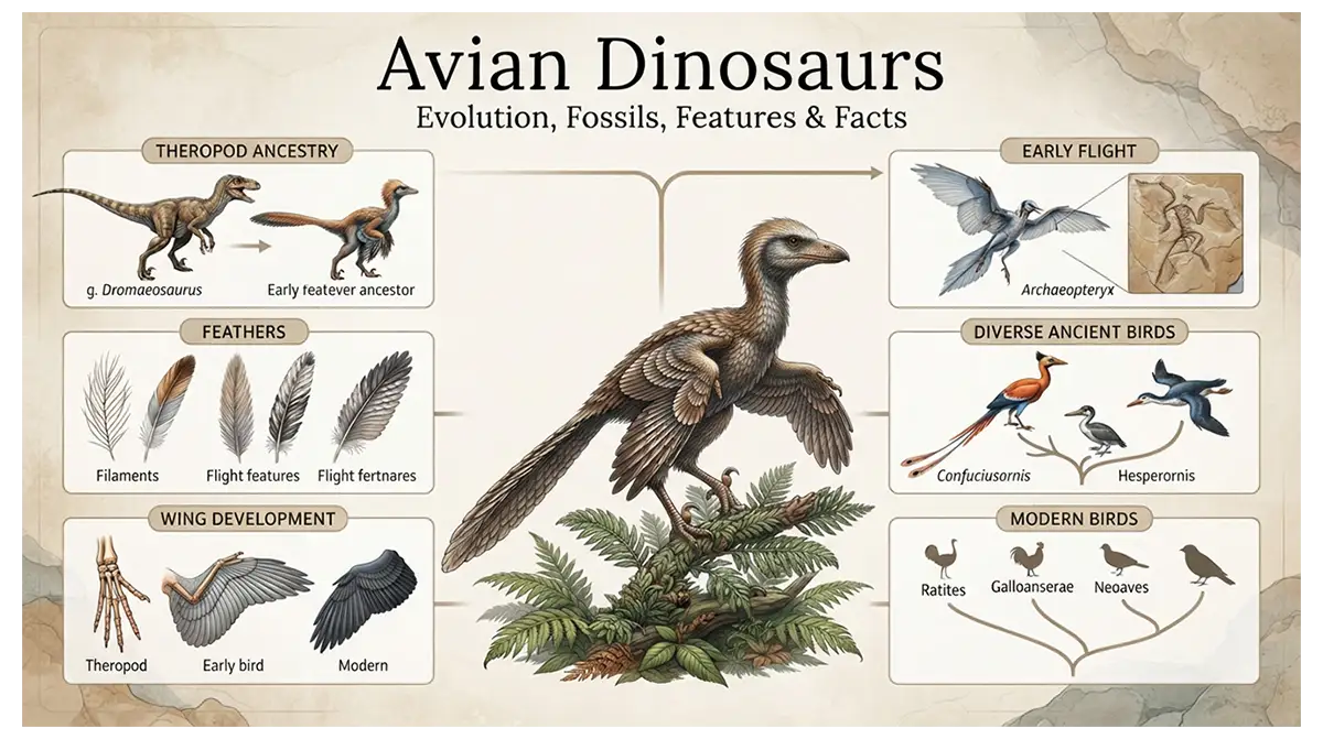 Avian dinosaurs showing feathered dinosaur evolution toward modern birds