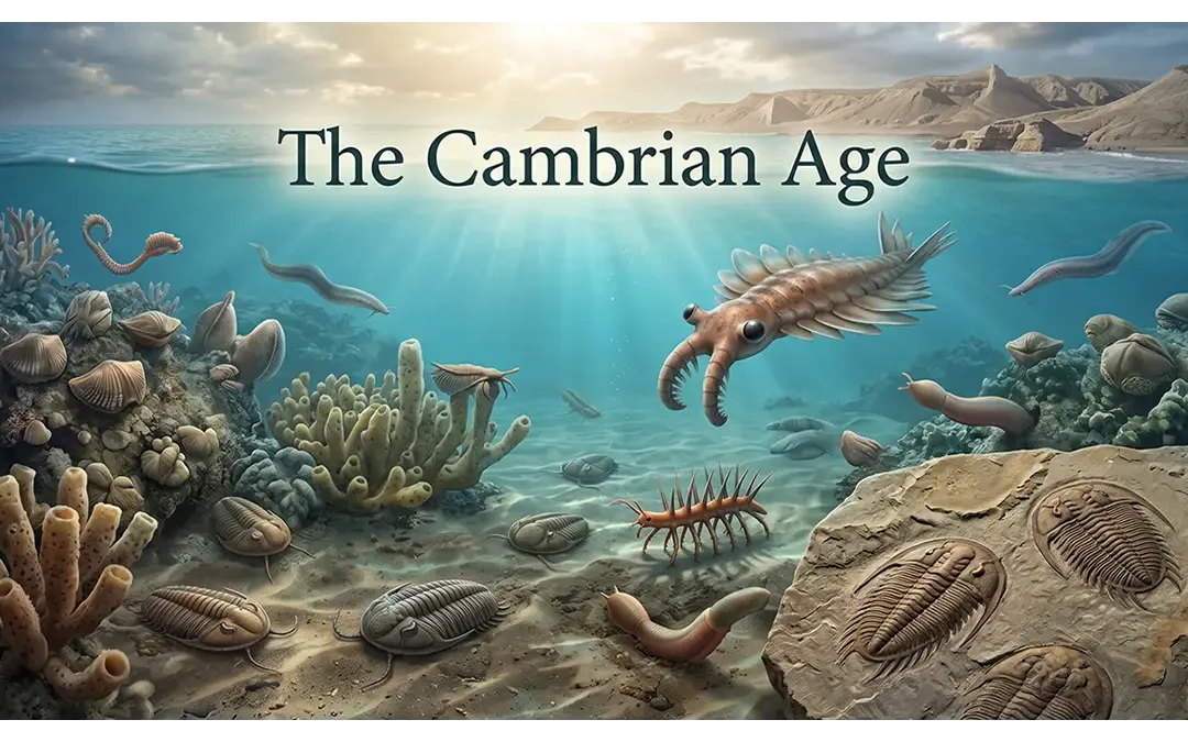 Cambrian Age marine ecosystem with trilobites, ancient fossils, and diverse early animals