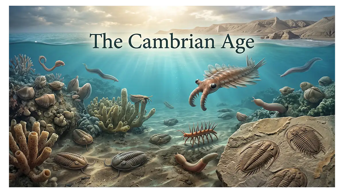 Cambrian Age marine ecosystem with trilobites, ancient fossils, and diverse early animals