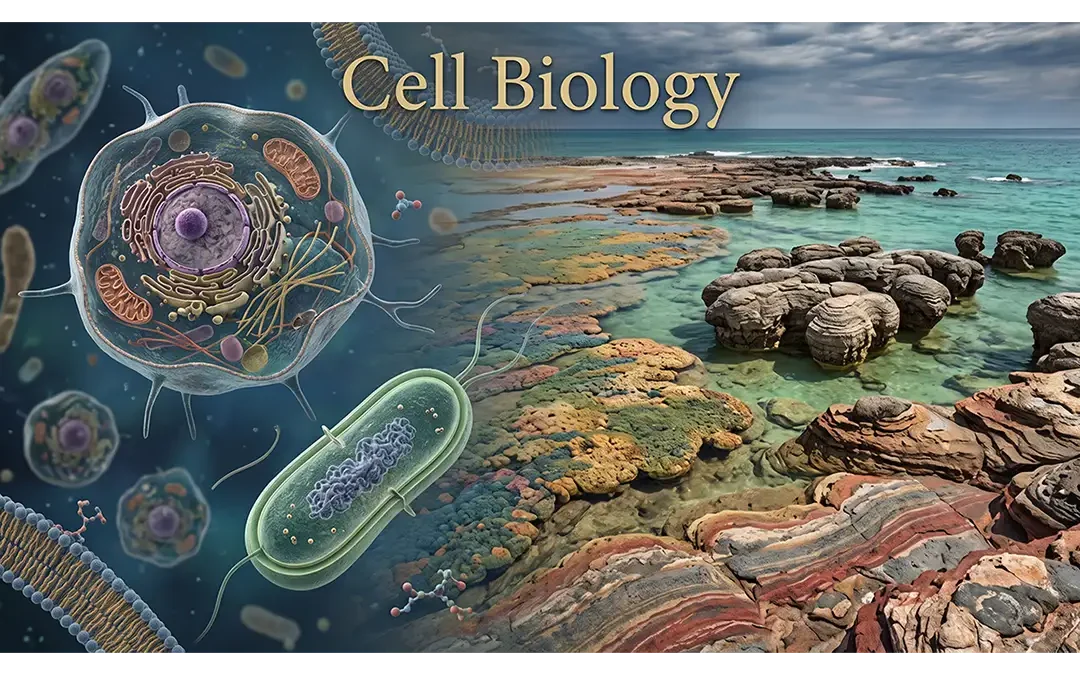 Cell biology showing microscopic cells, DNA, ancient stromatolites, and early Earth environments