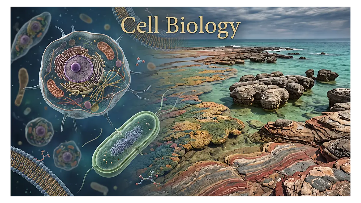 Cell biology showing microscopic cells, DNA, ancient stromatolites, and early Earth environments