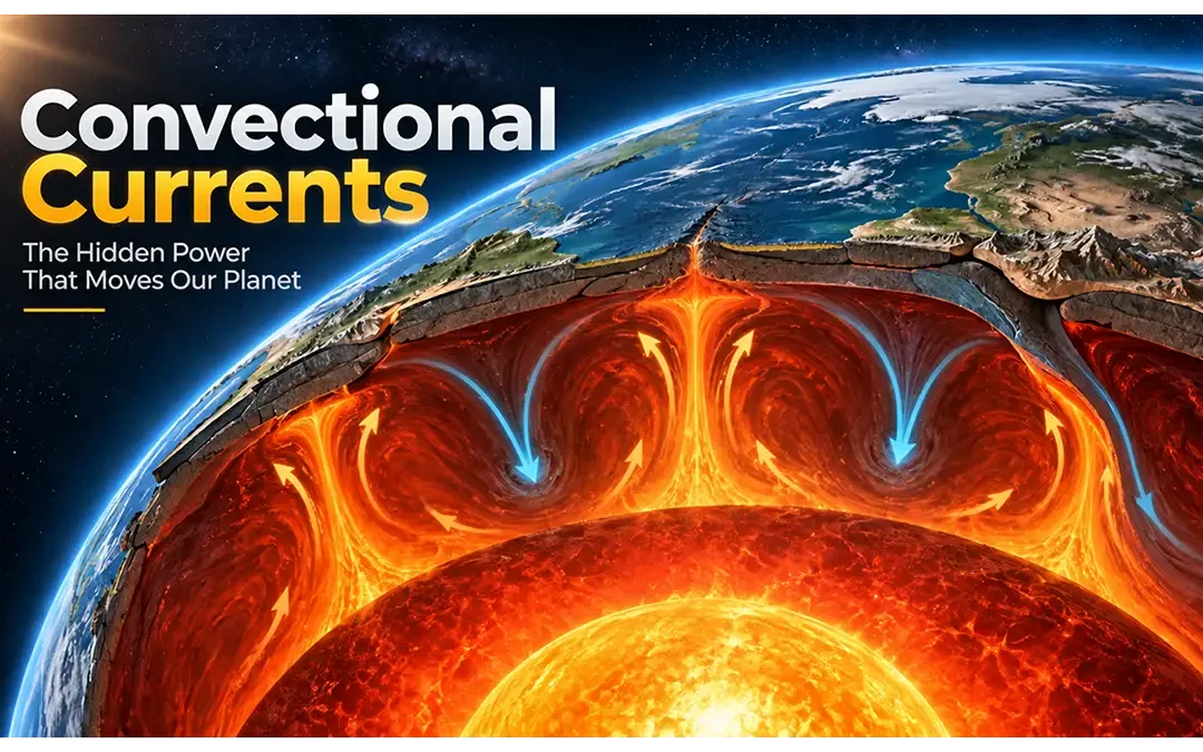 Convectional currents transferring heat through Earth's mantle beneath tectonic plates