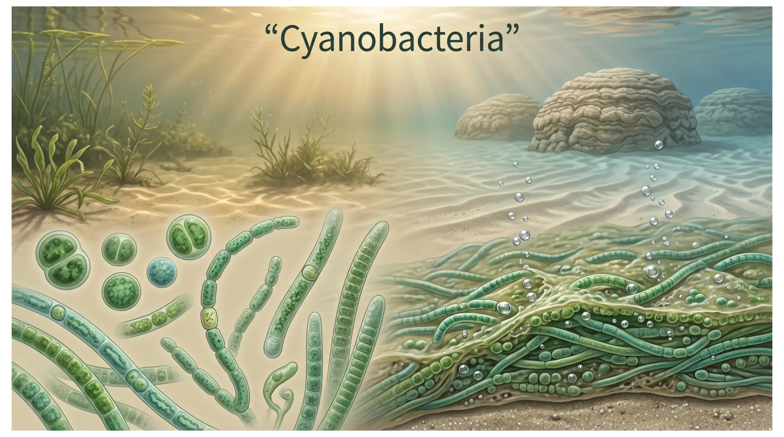 Cyanobacteria showing photosynthesis, microbial mats, stromatolites, and diverse environments