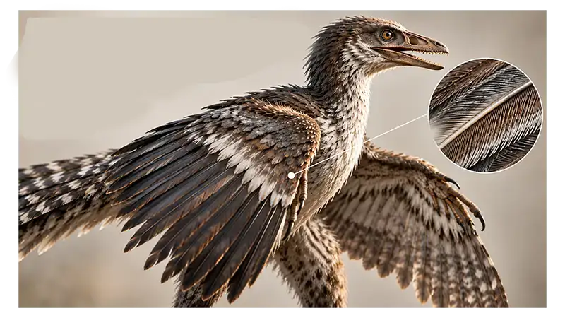 Archaeopteryx with detailed flight feathers and feathered body
