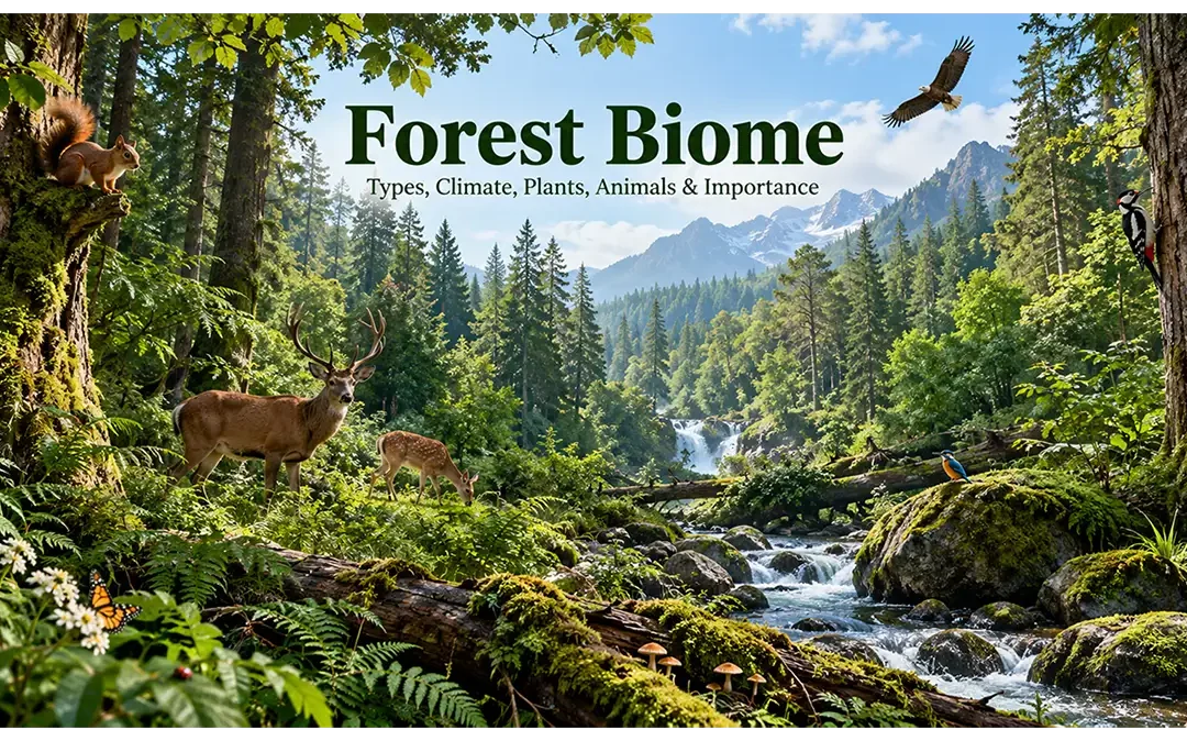 Forest biome with diverse trees, plants, wildlife, and layered vegetation