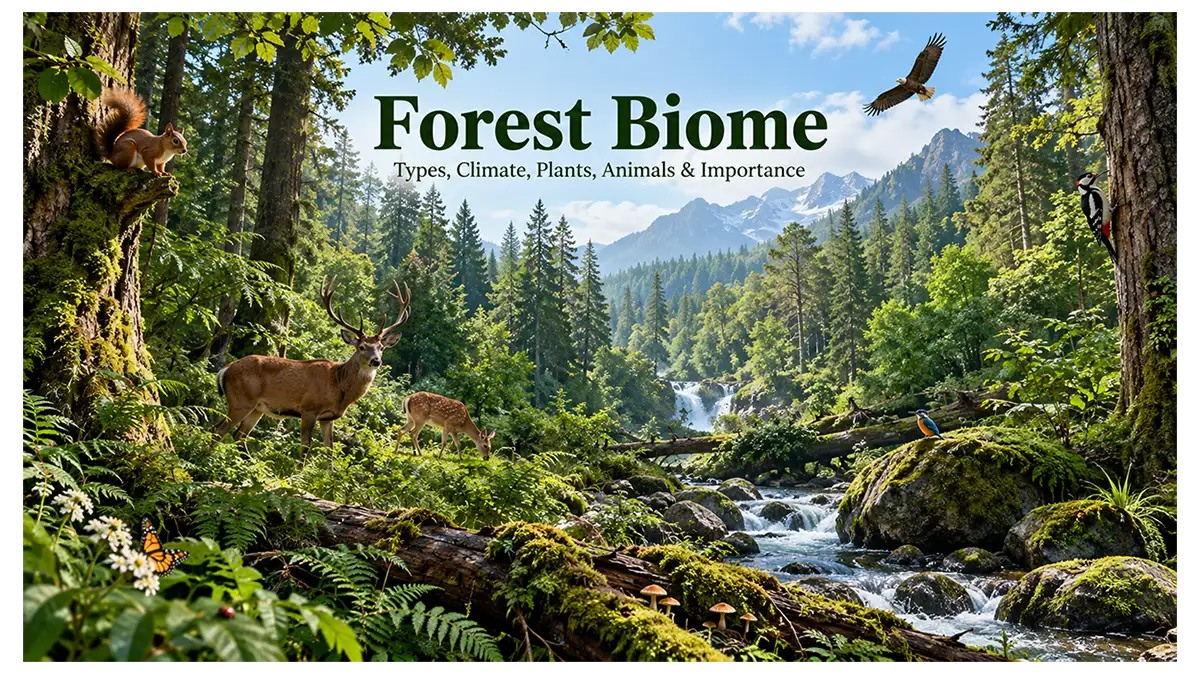 Forest biome with diverse trees, plants, wildlife, and layered vegetation