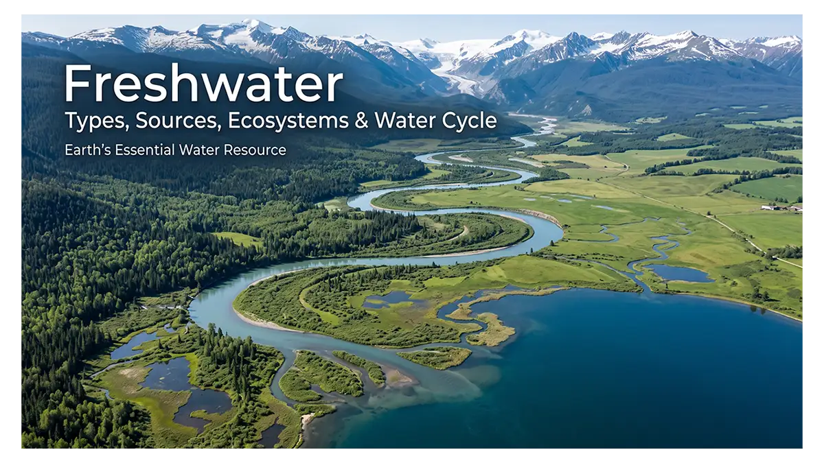 Freshwater river connecting mountains, lakes, wetlands, ecosystems, and human communities