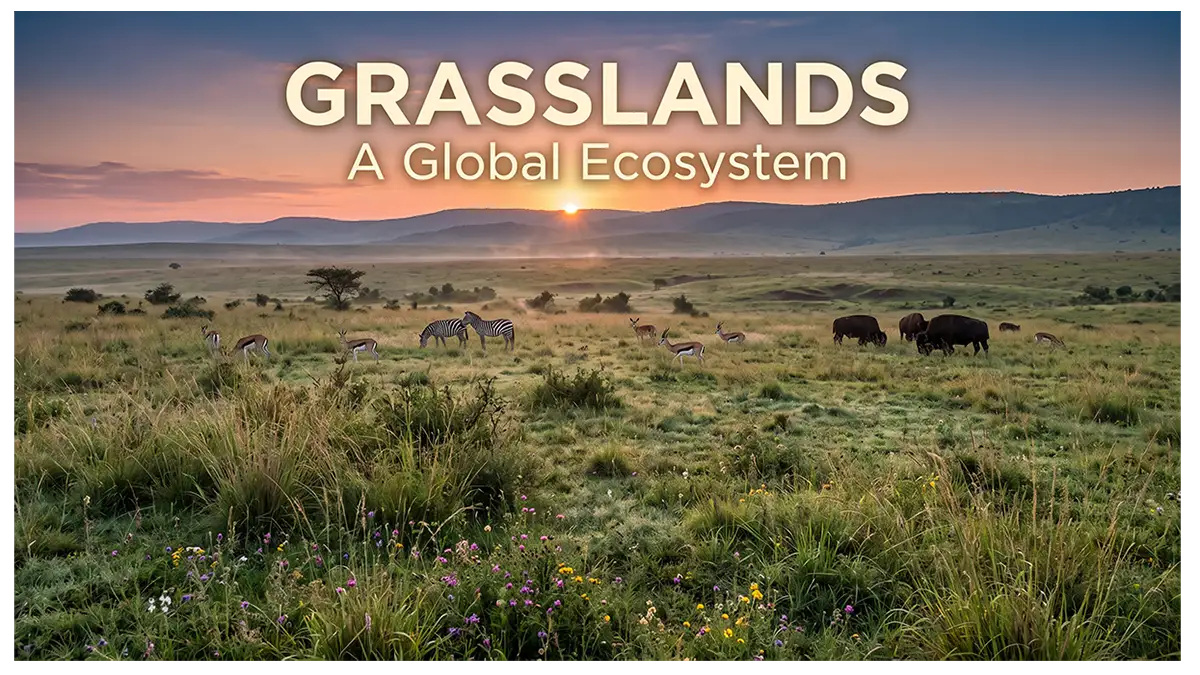 Grassland ecosystem with diverse grasses, wildlife, and open natural landscape