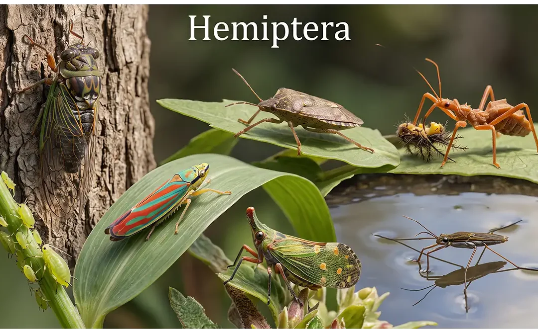 Hemiptera insects including aphids, cicadas, leafhoppers, planthoppers, stink bugs, assassin bugs, and water striders
