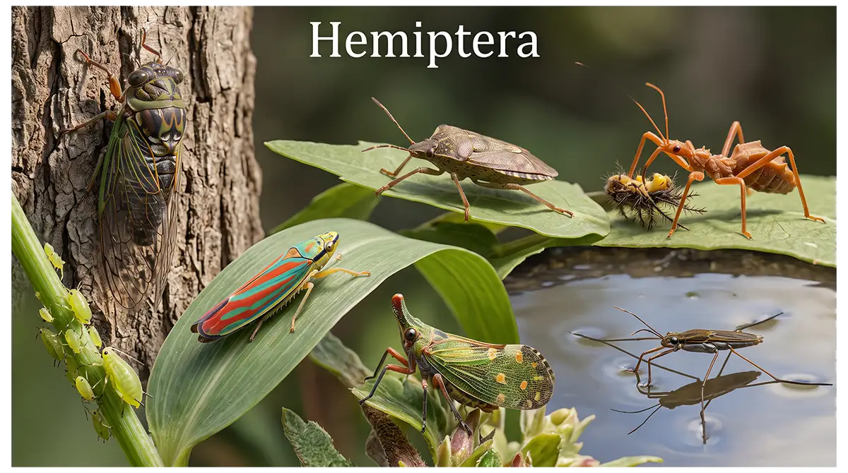 Hemiptera insects including aphids, cicadas, leafhoppers, planthoppers, stink bugs, assassin bugs, and water striders