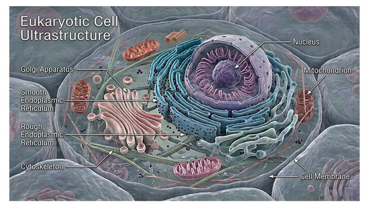 Detailed eukaryotic cell showing its membrane, nucleus, cytoplasm, and internal structures