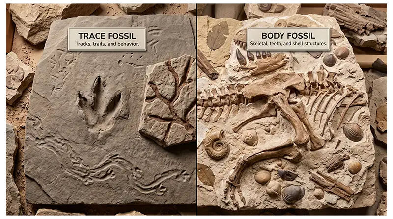 Comparison of trace fossils showing footprints and burrows with body fossils preserving bones, teeth, and shells