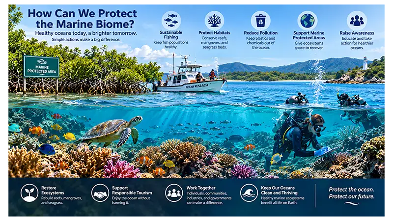 Marine conservation efforts protecting coral reefs, mangroves, and ocean wildlife