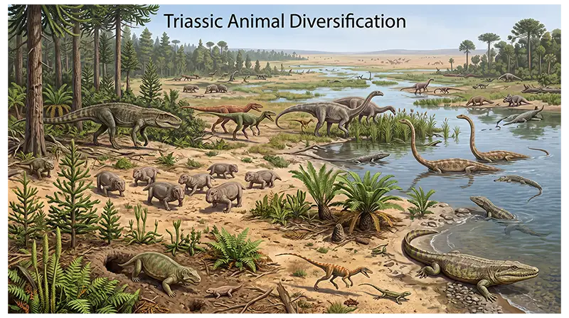 Triassic animals and recovering ecosystems showing early archosaurs, amphibians, reptiles, mammal relatives, and dinosaurs