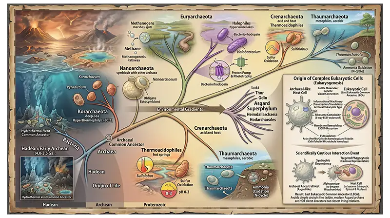 Archaeal evolution showing ancient microbial life and the evolutionary relationship between Archaea and eukaryotes