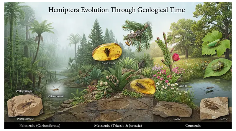 Hemiptera evolution showing fossil insects, ancient plants, changing feeding structures, and modern hemipteran diversity