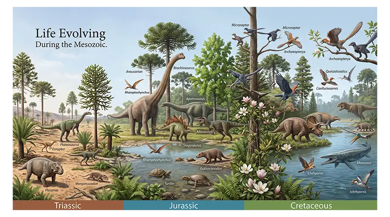 Mesozoic life evolving from early dinosaurs and reptiles to diverse dinosaurs, flowering plants, birds, and mammals