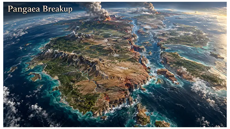 Pangaea breaking apart through continental rifting, volcanic activity, and formation of new ocean basins