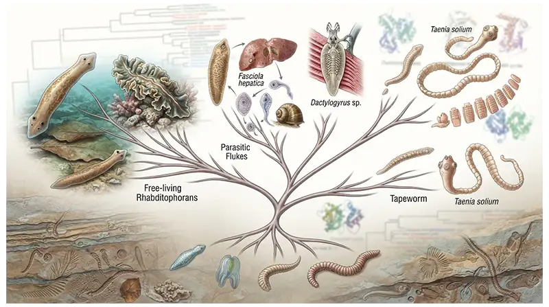 Platyhelminthes evolution showing branching flatworm lineages, free-living forms, parasitic groups, fossils, and evolutionary research