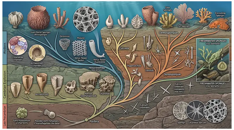 Porifera evolution showing ancient sponge fossils, diverse sponge lineages, and modern sponge forms