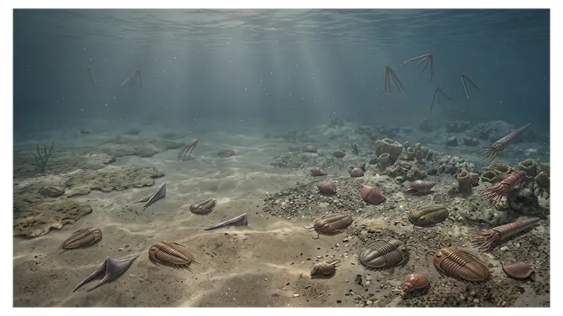Changing Cambrian marine ecosystem showing environmental transition and declining Cambrian organisms