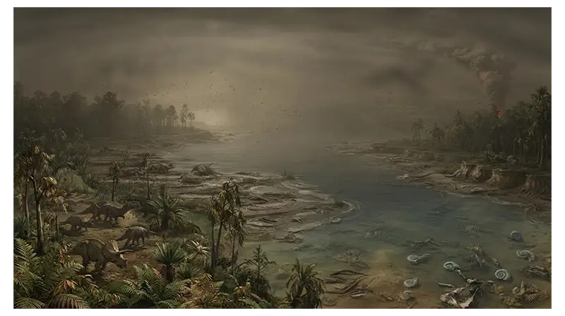 Earth's environment after the Chicxulub impact with atmospheric dust, reduced sunlight, cooling, and stressed vegetation