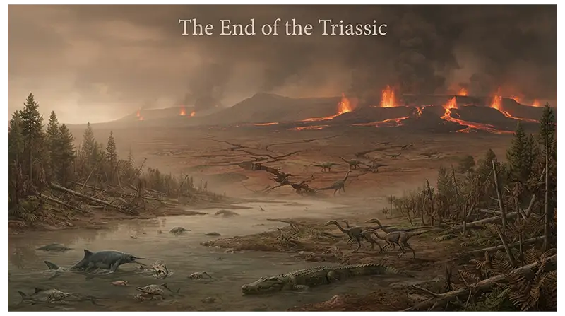 End-Triassic landscape with volcanic activity, environmental disruption, stressed vegetation, and continental rifting