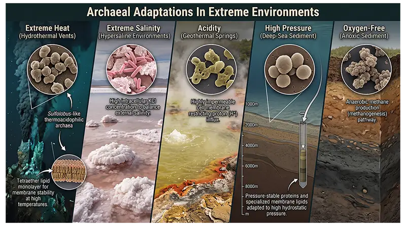 Archaea surviving high temperatures, extreme salinity, acidic conditions, high pressure, and oxygen-free environments