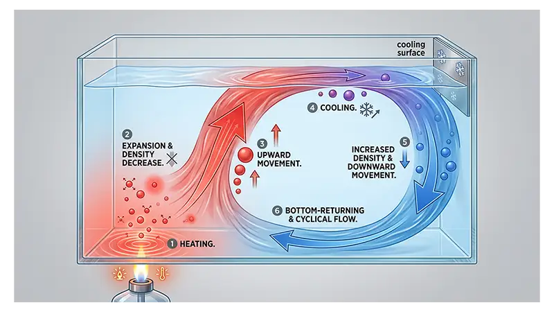 Formation of a convectional current through heating, rising warm material, cooling, and sinking dense material
