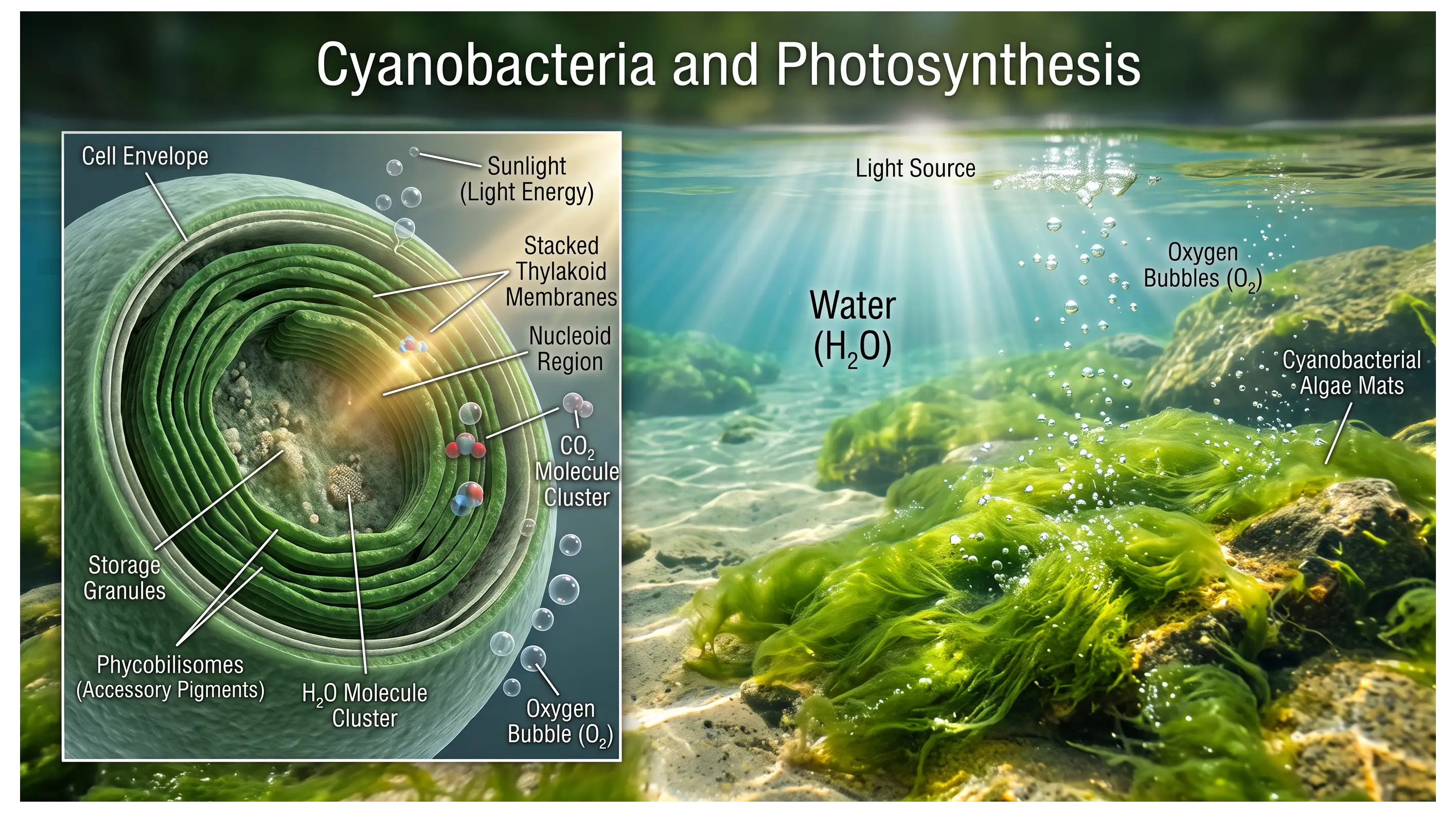 Cyanobacteria using sunlight for oxygenic photosynthesis and releasing oxygen into the surrounding water