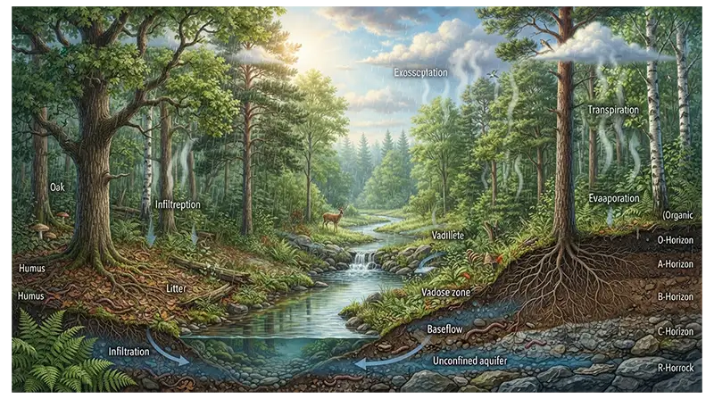 Forest roots, soil, rainfall, stream water, and trees influencing water and climate
