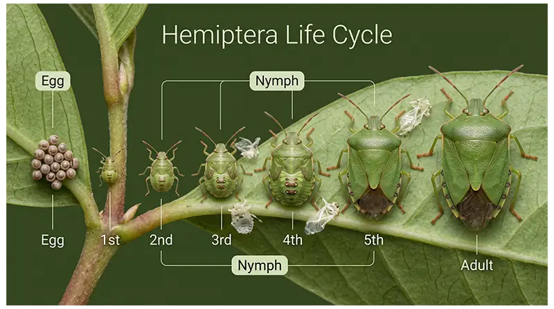 Hemiptera life cycle showing eggs, nymph stages, molting, and adult insects